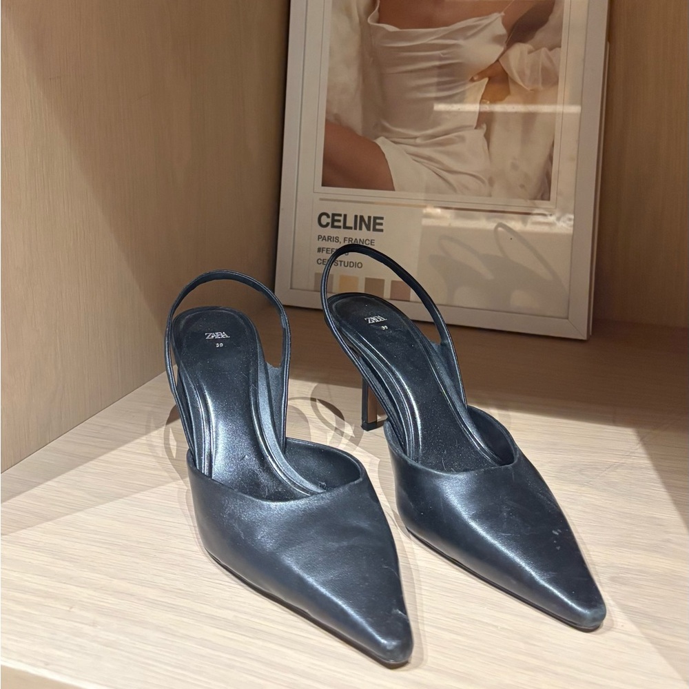 Zara Black Slingback Heels with Pointed Toe